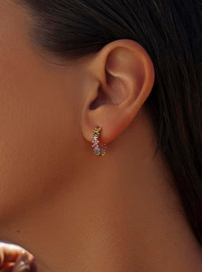 Pendientes aros de plata con piedras pequeñas multicolores-LINEARGENT