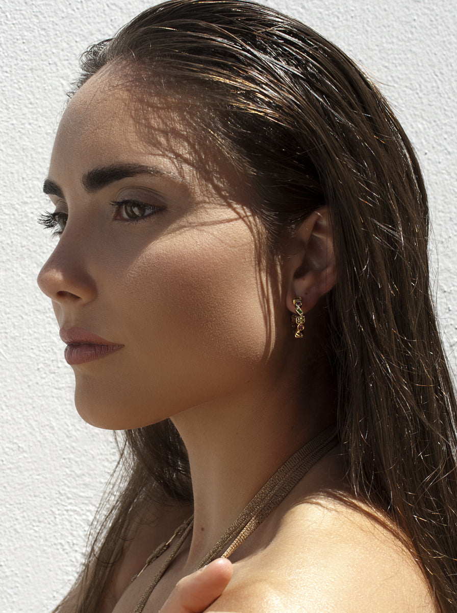 Pendientes aros pequeños diseño piedras multicolores-LINEARGENT