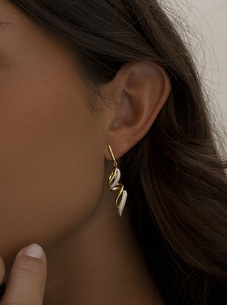 Boucles d'oreilles bicolore de argent avec zircons design spirale