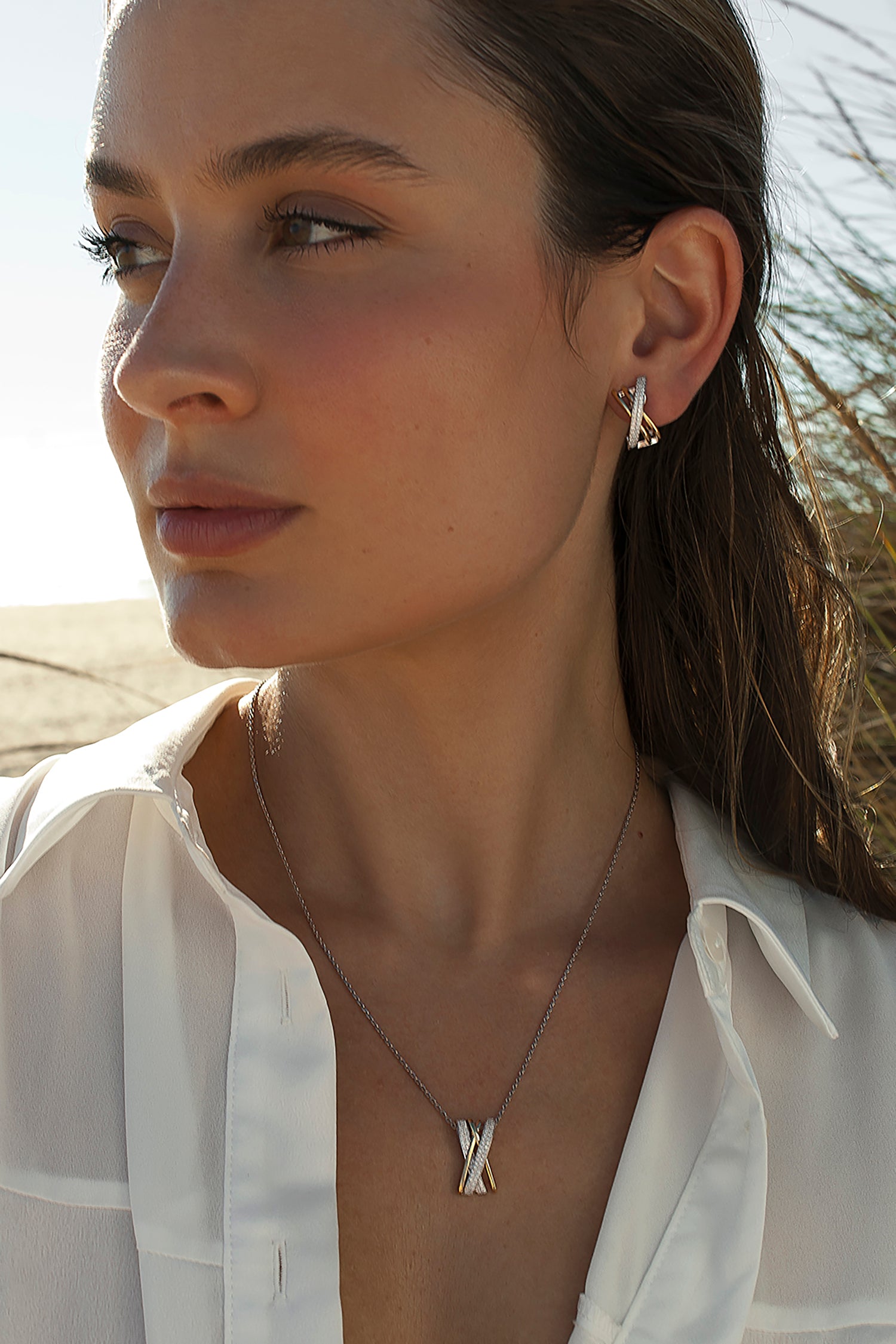 Pendientes cierre omega bicolores con raíles cruzados