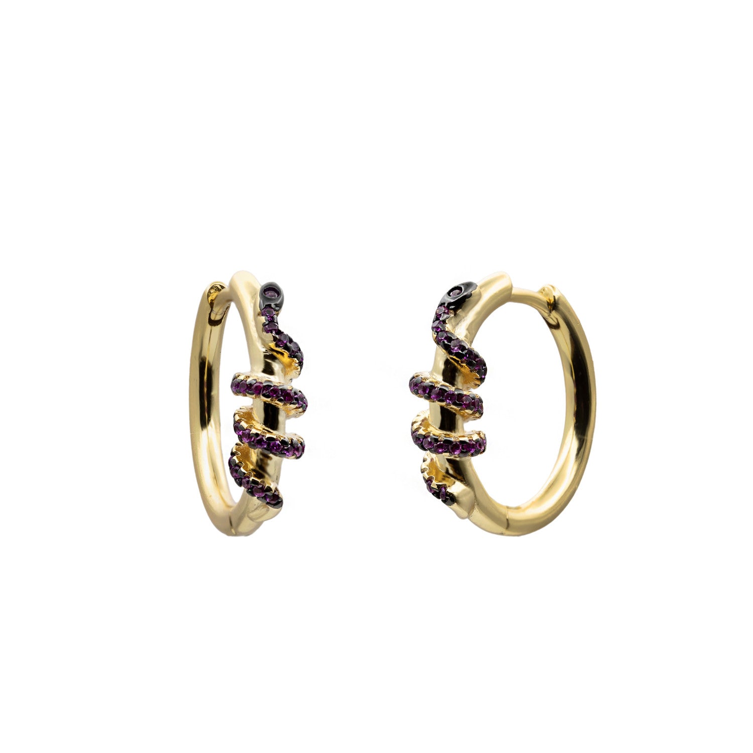 Pendientes de aro de plata en baño de oro con diseño de serpiente y circonitas-LINEARGENT