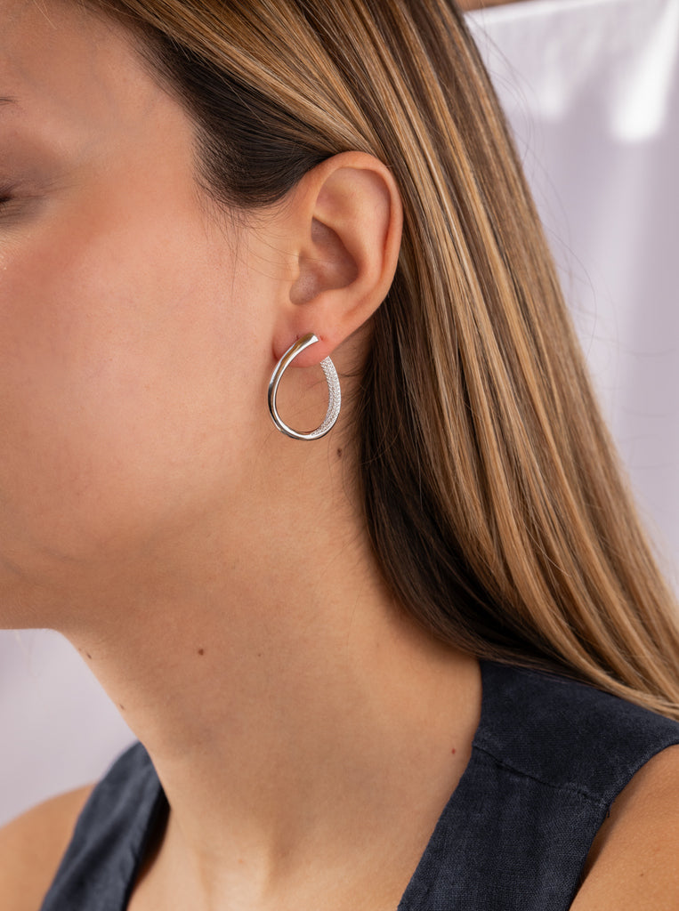 Pendientes de plata diseño aro abierto con circonitas-LINEARGENT