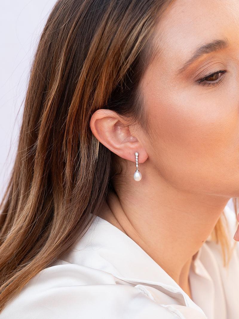 boucles d'oreilles de argent perle de agua dulce pendentif design zircons avec LINEARGENT