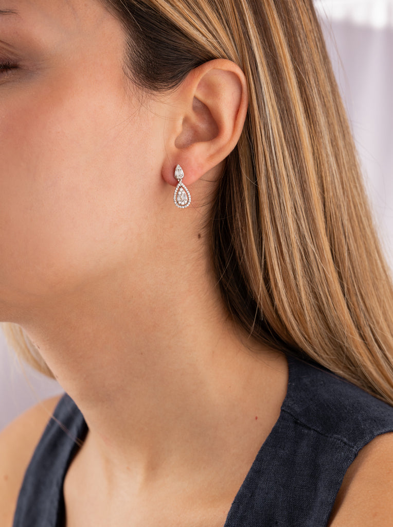 Pendientes doble de plata con circonitas en forma gota