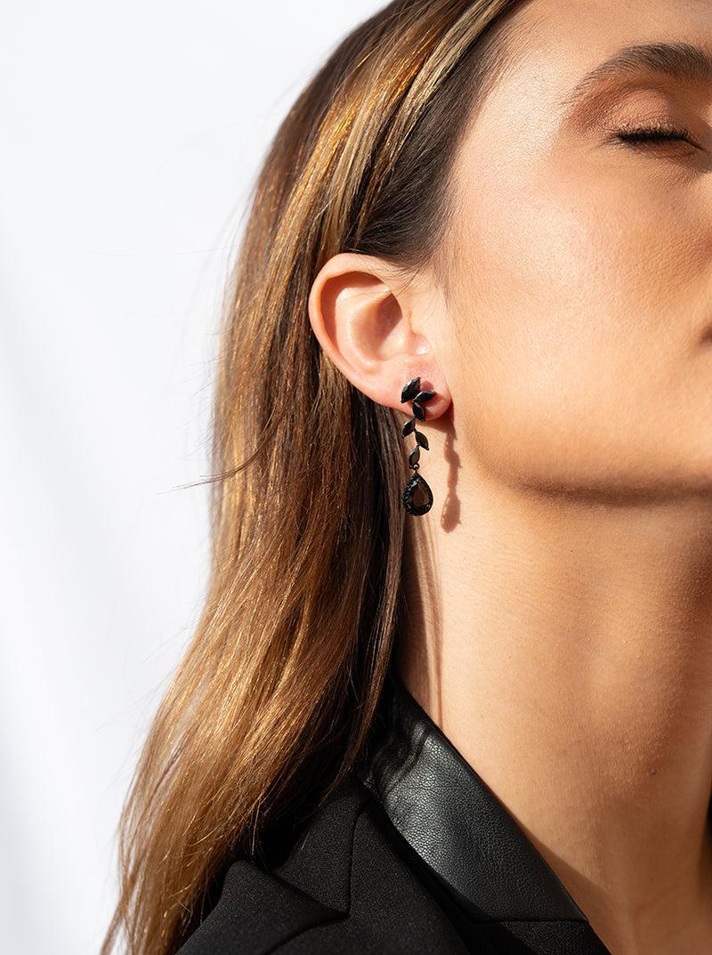 Pendientes largos brillantes rutenio diseño pétalos y lágrima final-LINEARGENT