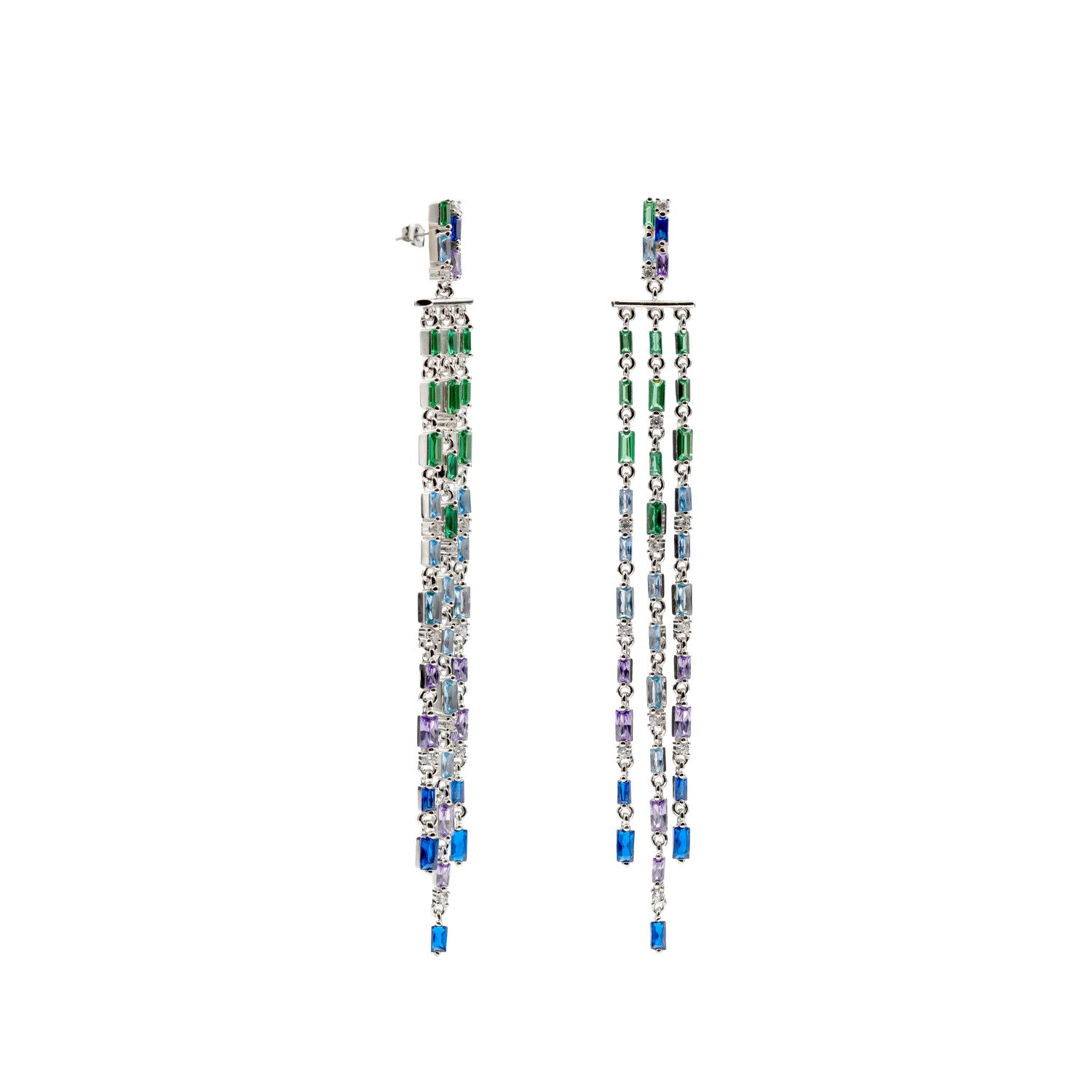 Pendientes largos con gemas de colores estilo cortina-LINEARGENT