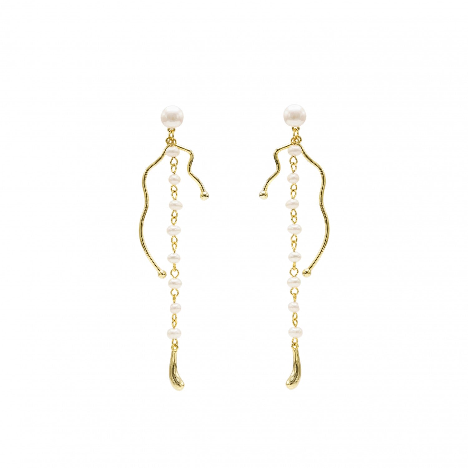 Pendientes largos de plata bañados en oro con raíl de perlas y finas lineas irregulares-LINEARGENT