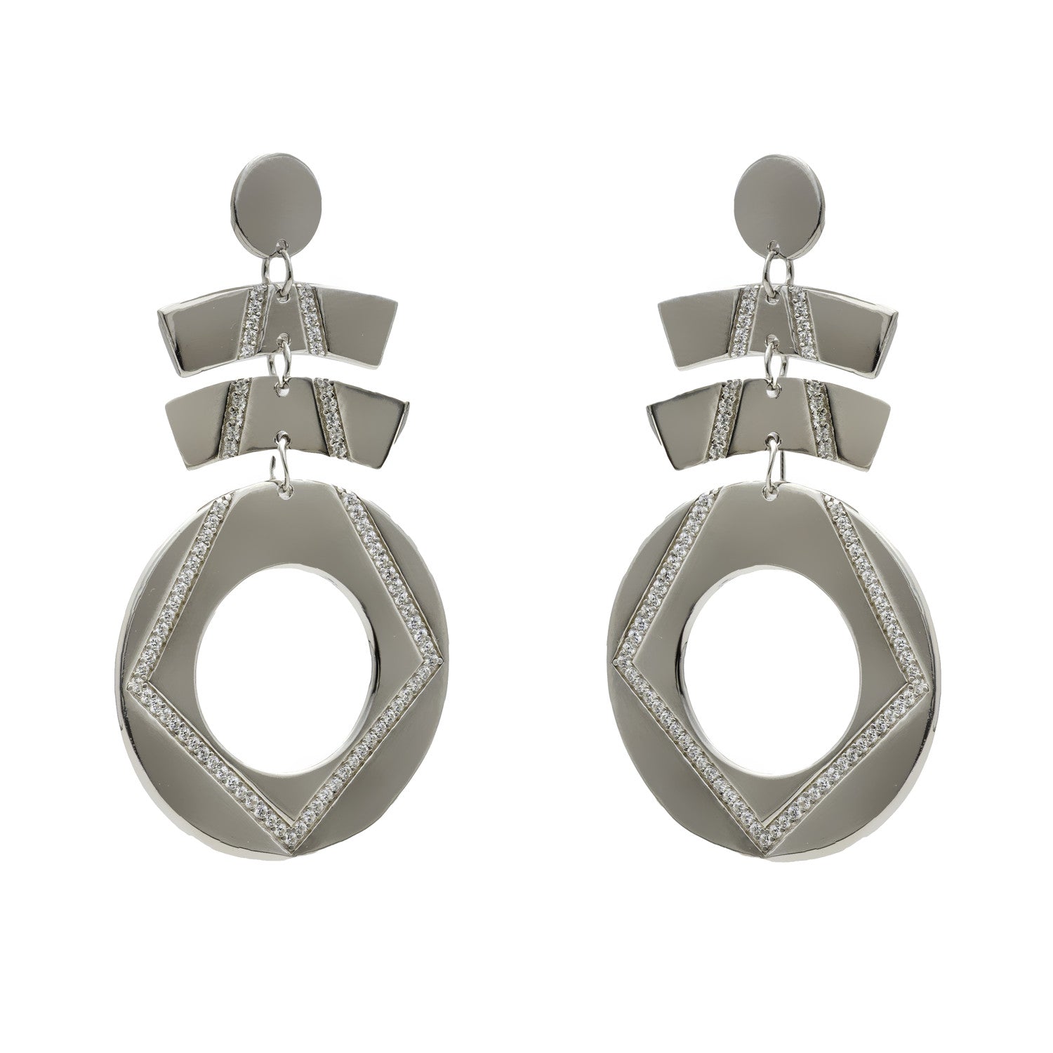 Boucles d'oreilles longs de argent avec zircons design géométrique