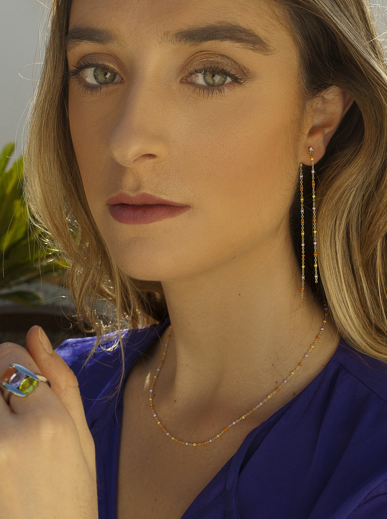 earrings long silver with double chain design sunset