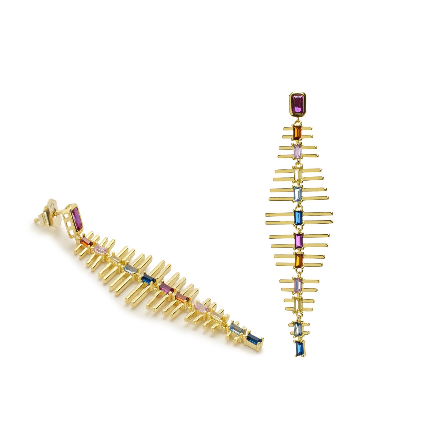 Pendientes largos de plata con linea de piedras multicolor central-LINEARGENT