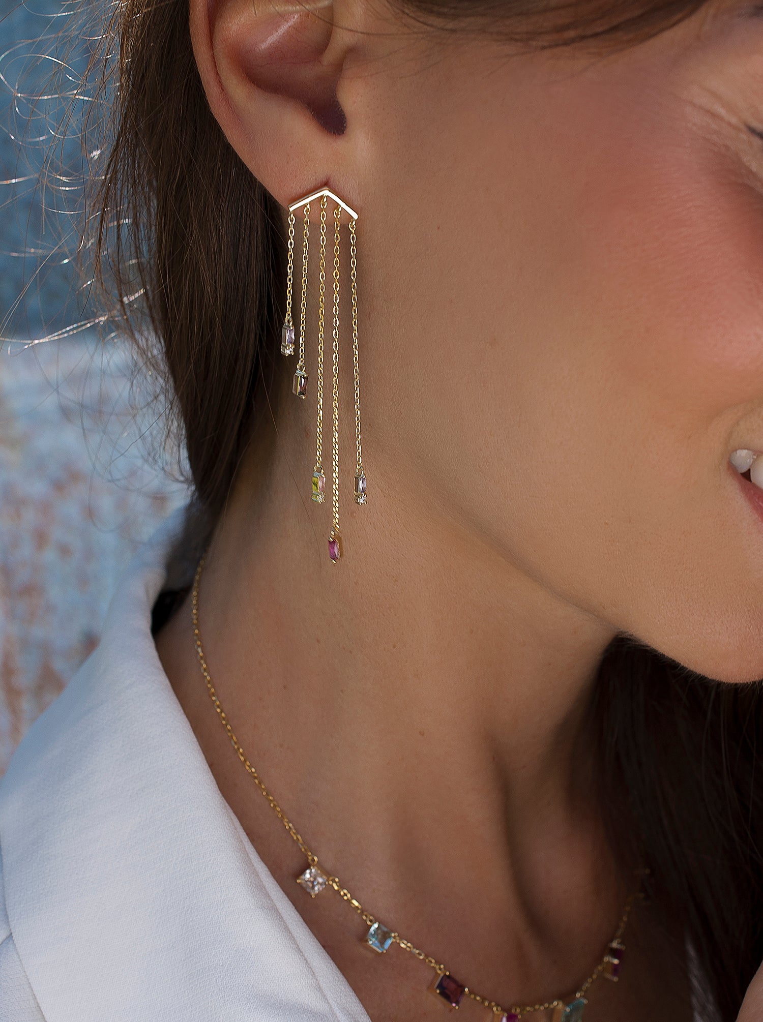 earrings long silver design five chains with gems tone Purple