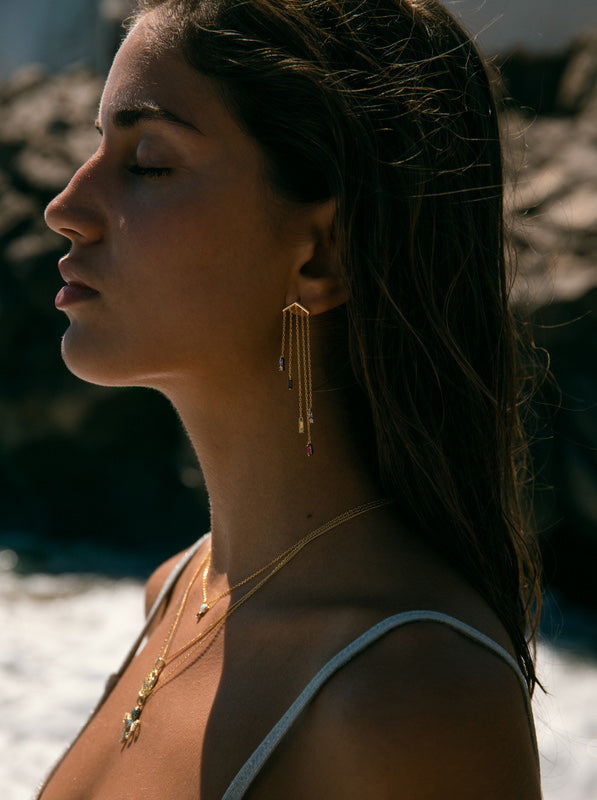 earrings long silver design five chains with gems tone Purple