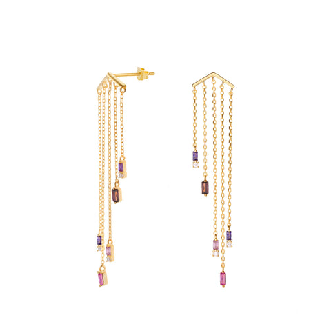 Pendientes largos de plata diseño cinco cadenas con gemas tono morado