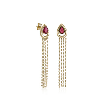 Pendientes largos de plata diseño cortina con gema rubí