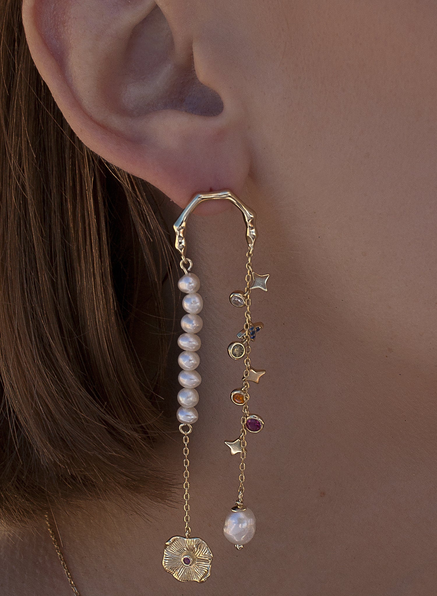 Pendientes largos de plata diseño doble colgante con baño de oro-LINEARGENT