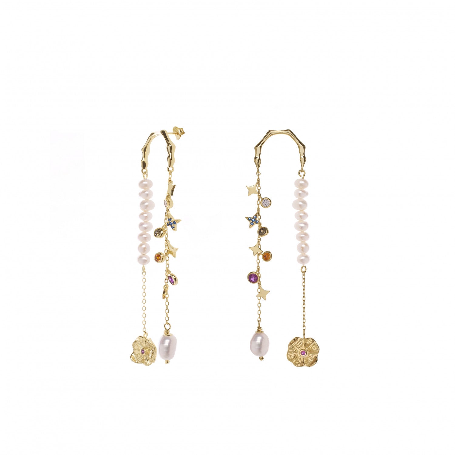 Pendientes largos de plata diseño doble colgante con baño de oro-LINEARGENT