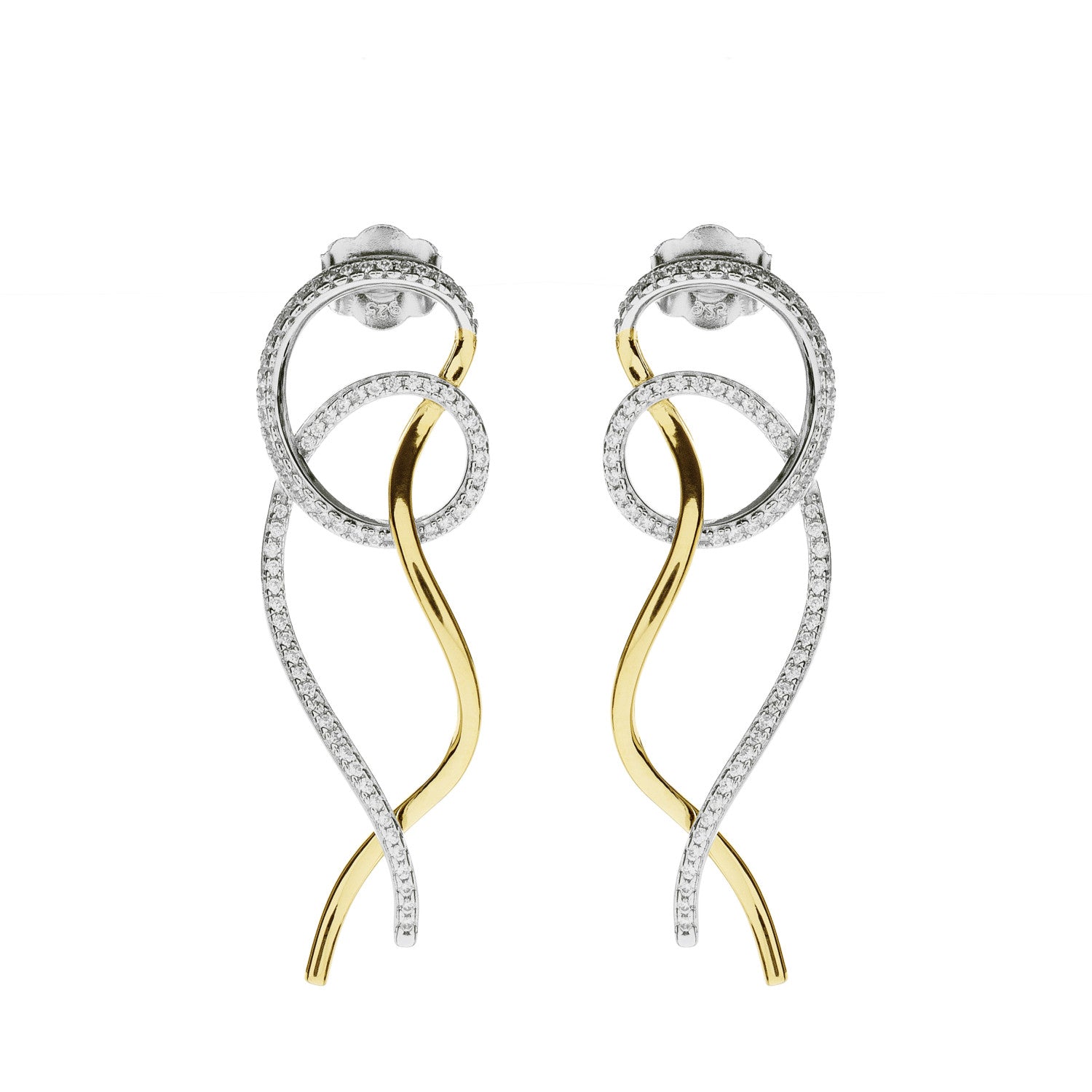 Pendientes largos diseño original bicolor de plata con circonitas