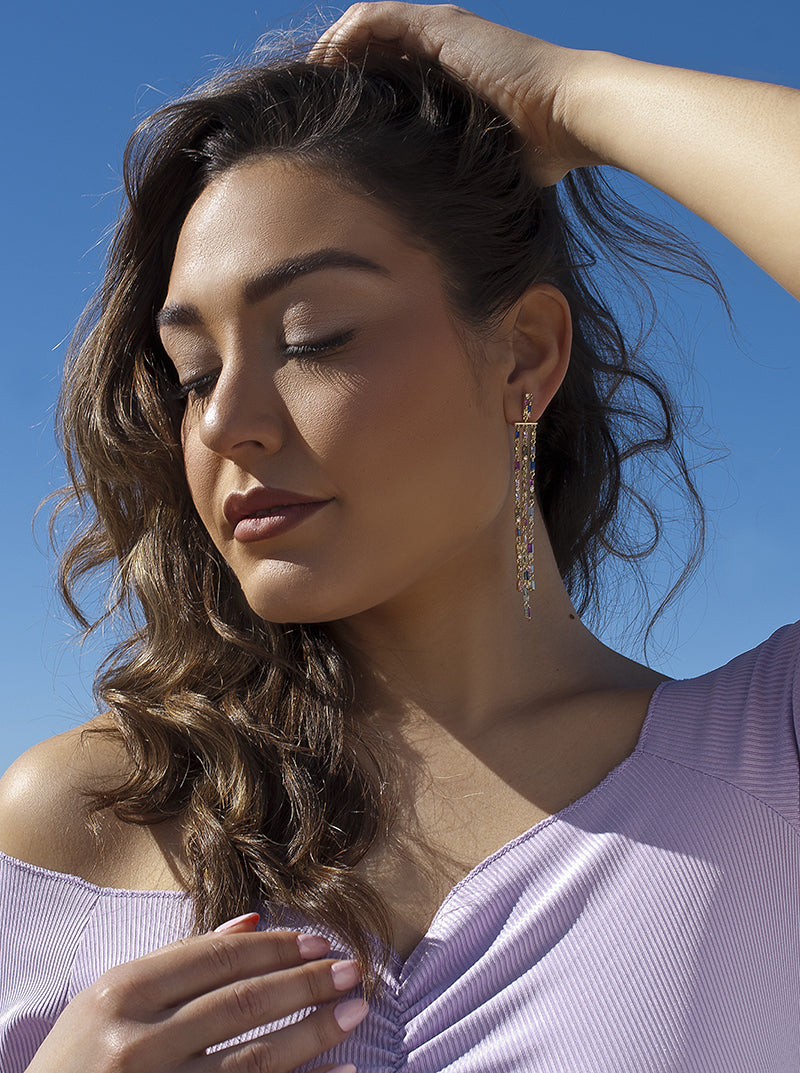 Pendientes largosde plata con gemas multicolor estilo cortina