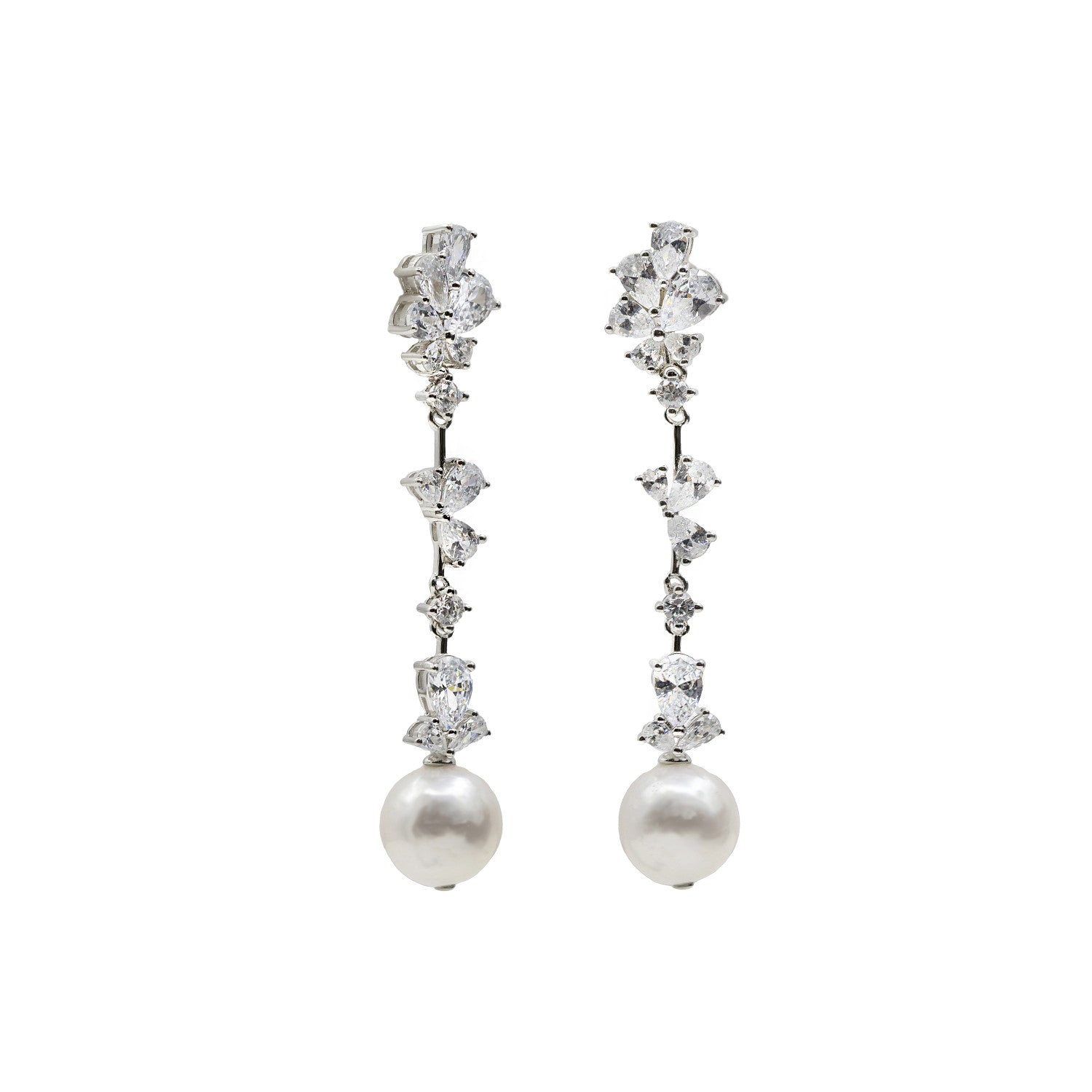earrings bride long with zirconias and finished with a pearl in floral motifs