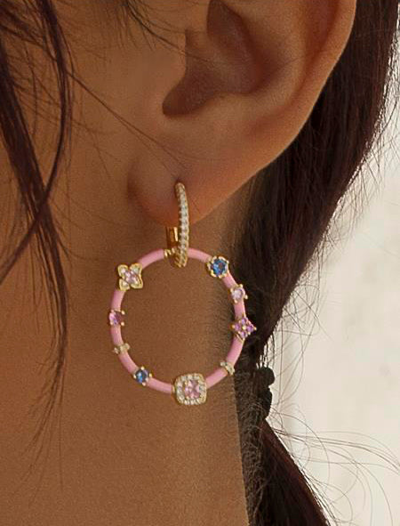 Pendientes originales con gemas estilo aro de esmalte rosa-LINEARGENT