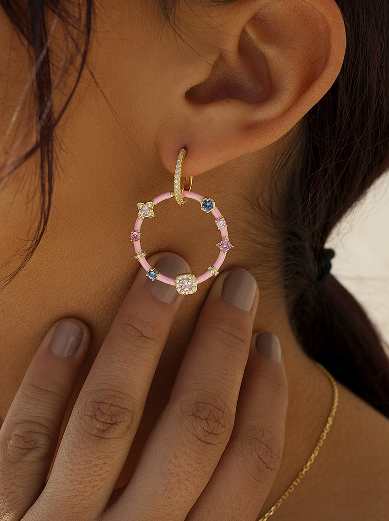 earrings original with gems style hoop by varnish Pink