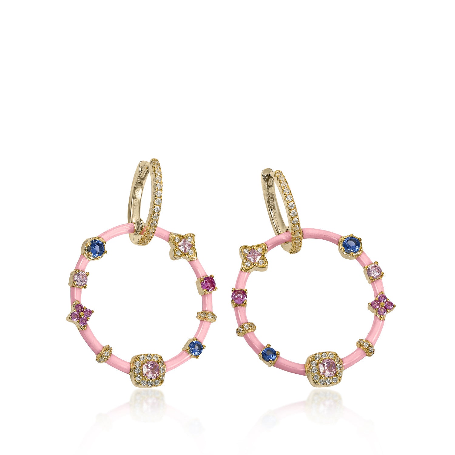 Pendientes originales con gemas estilo aro de esmalte rosa-LINEARGENT