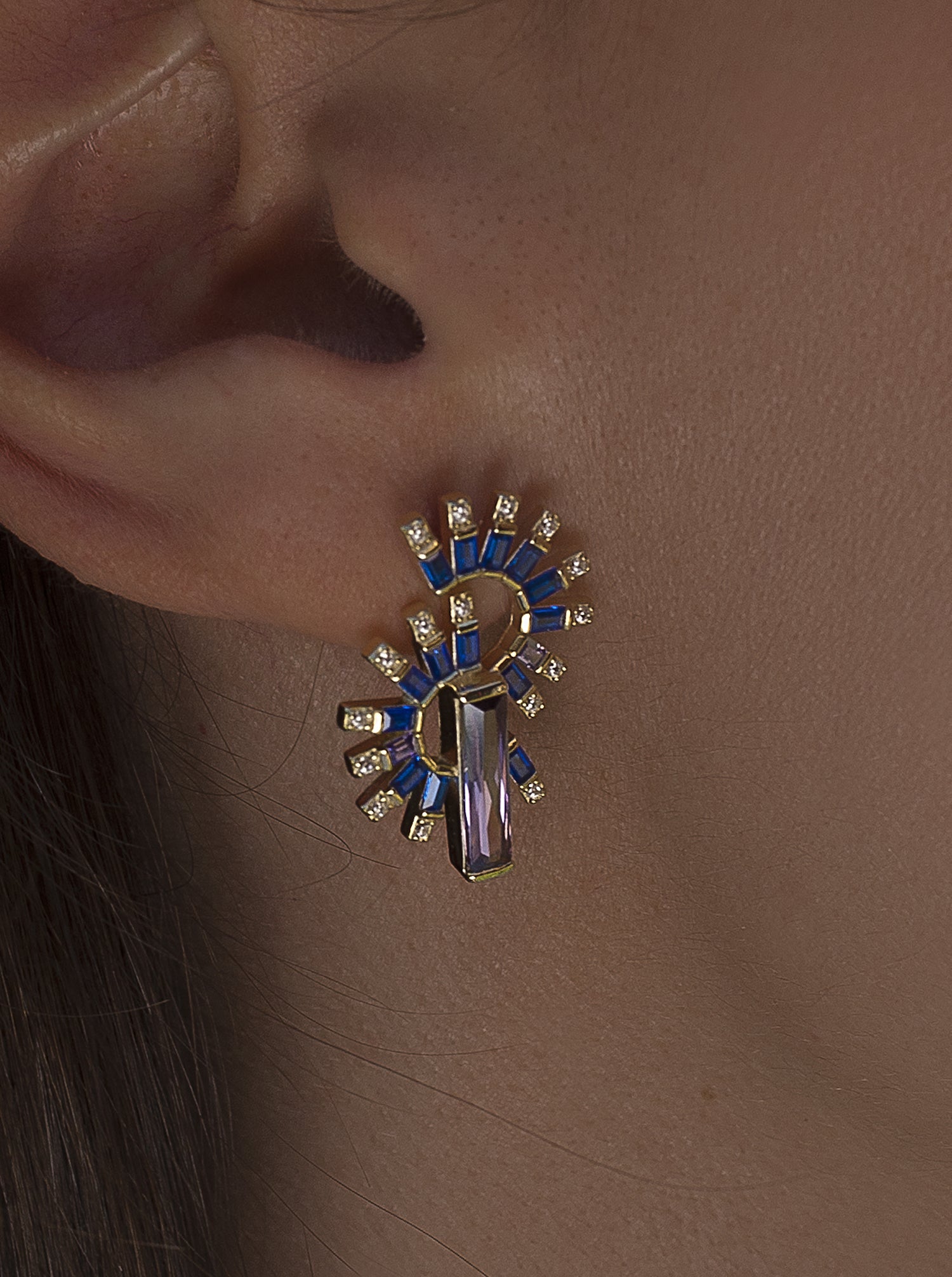 Pendientes originales diseño abanico zafiro y amatista-LINEARGENT