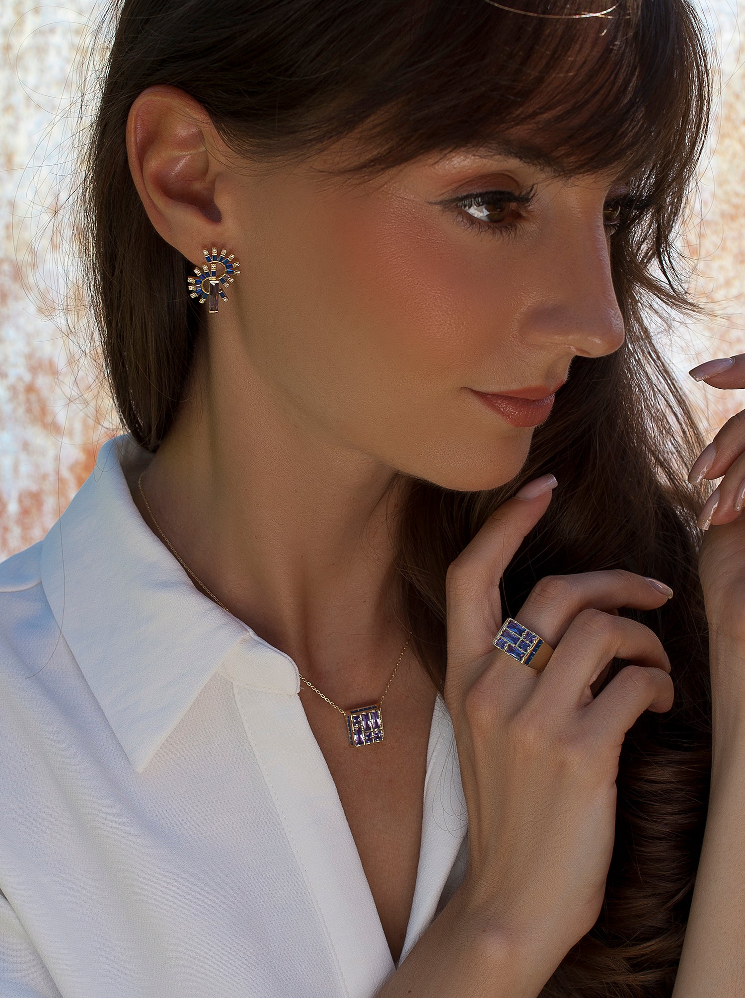 Pendientes originales diseño abanico zafiro y amatista