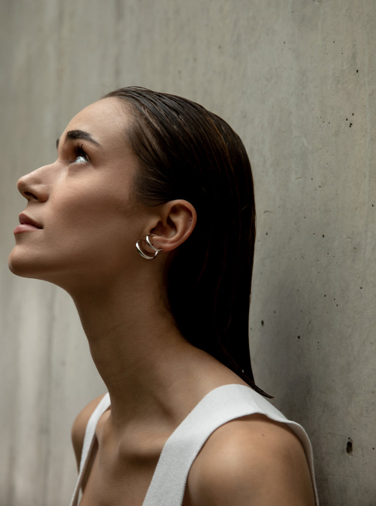 Pendientes originales plata diseño de doble aro soporte antitrago