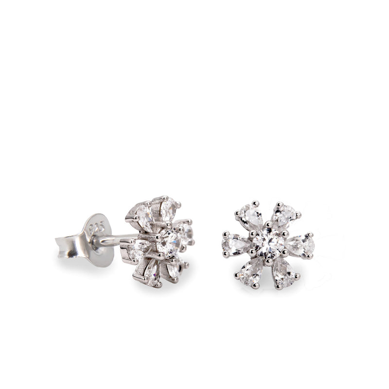 Pendientes pequeños con circonitas en forma floral-LINEARGENT