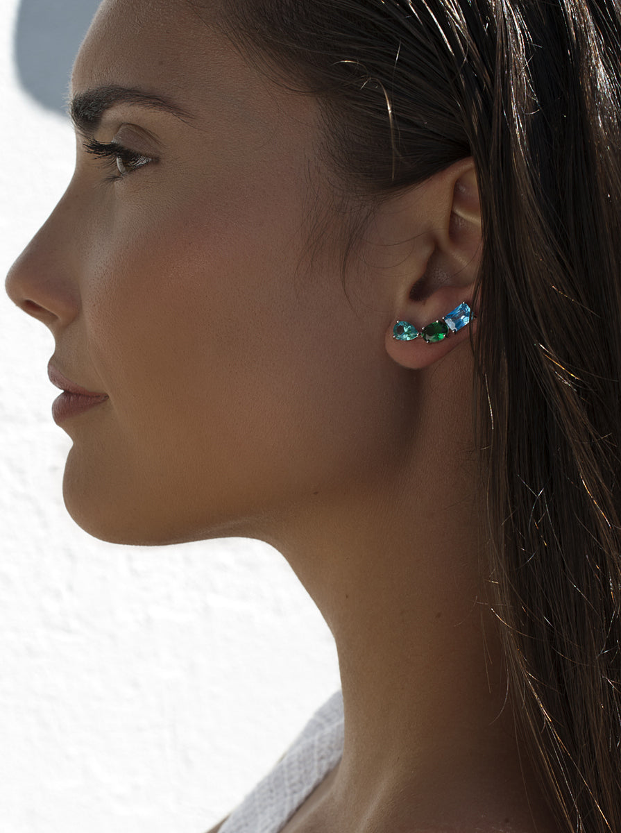 Pendientes trepadores de plata multicolor azul y verde