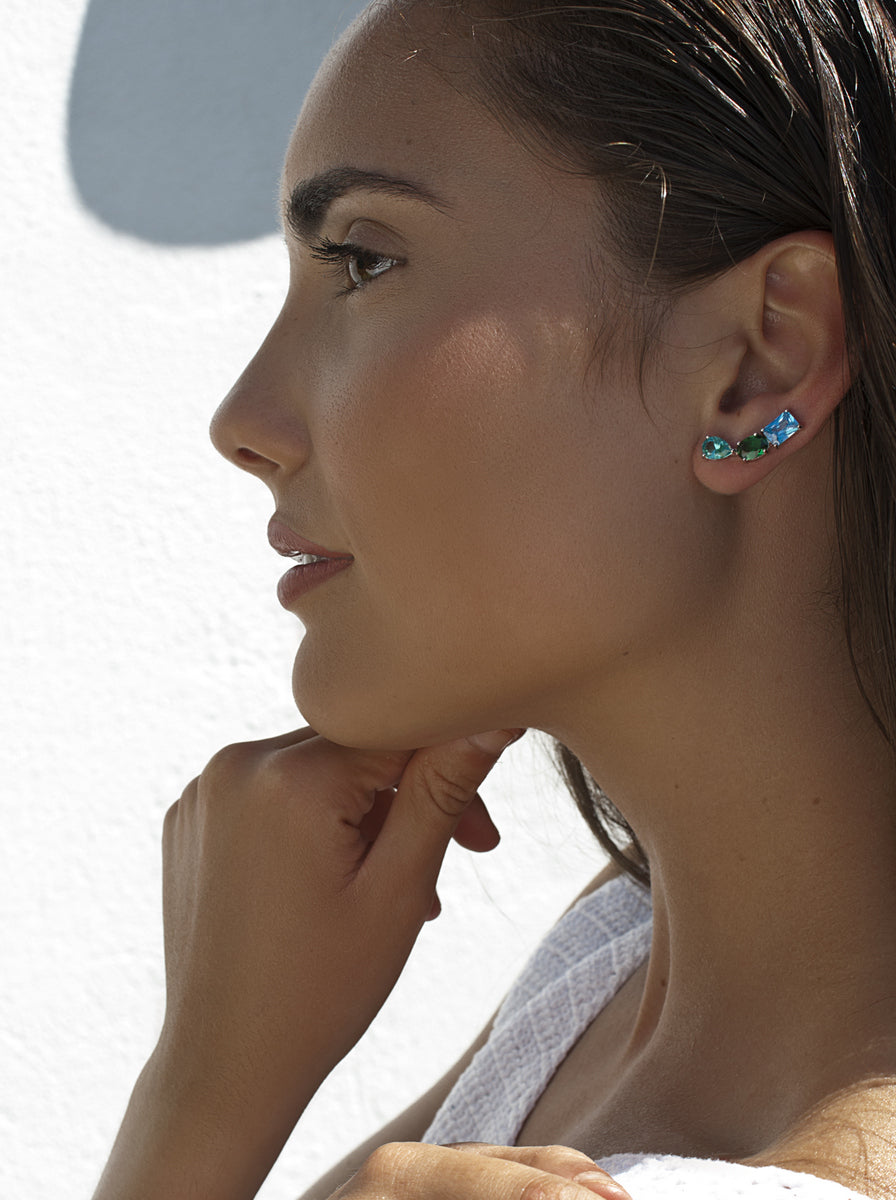 Pendientes trepadores de plata multicolor azul y verde