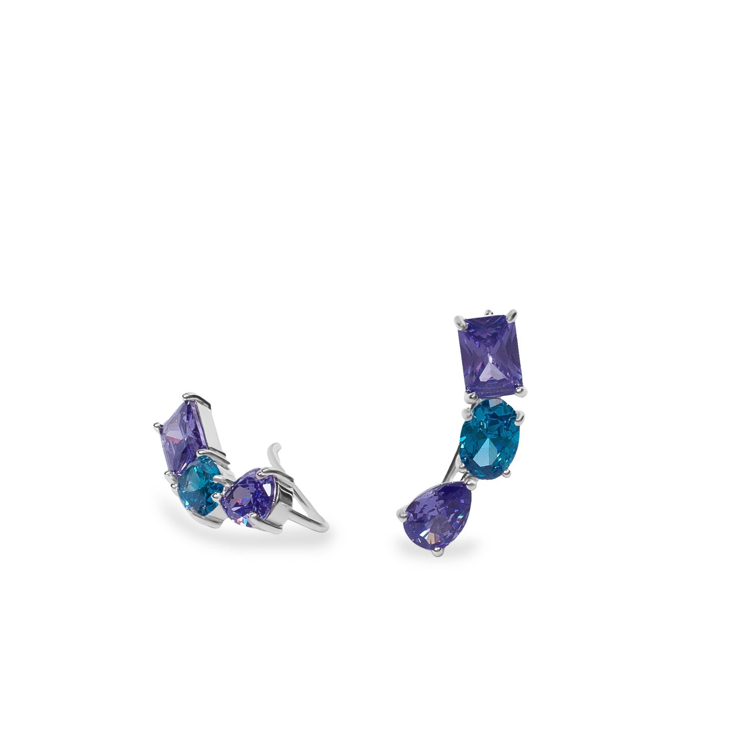 Pendientes trepadores plata con gemas lila y azul petróleo