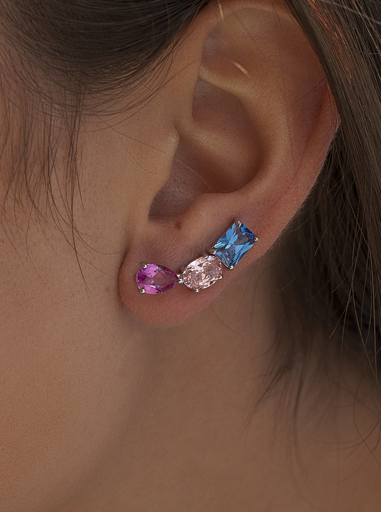 Pendientes trepadores plata tono azul zafiro y rosa