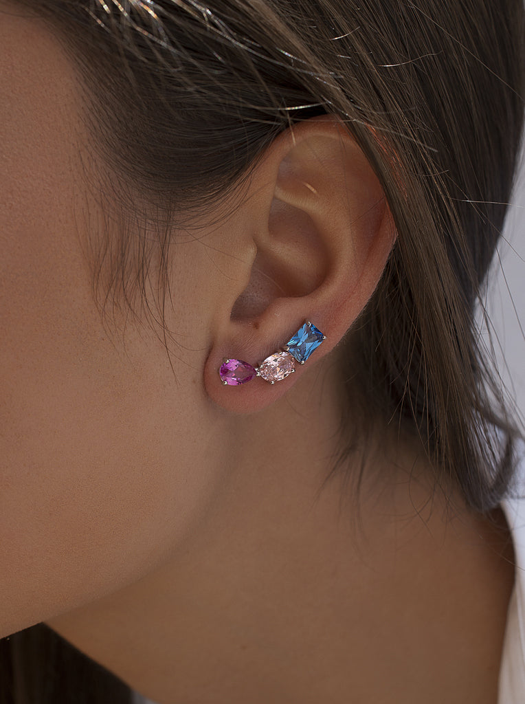 Pendientes trepadores plata tono azul zafiro y rosa