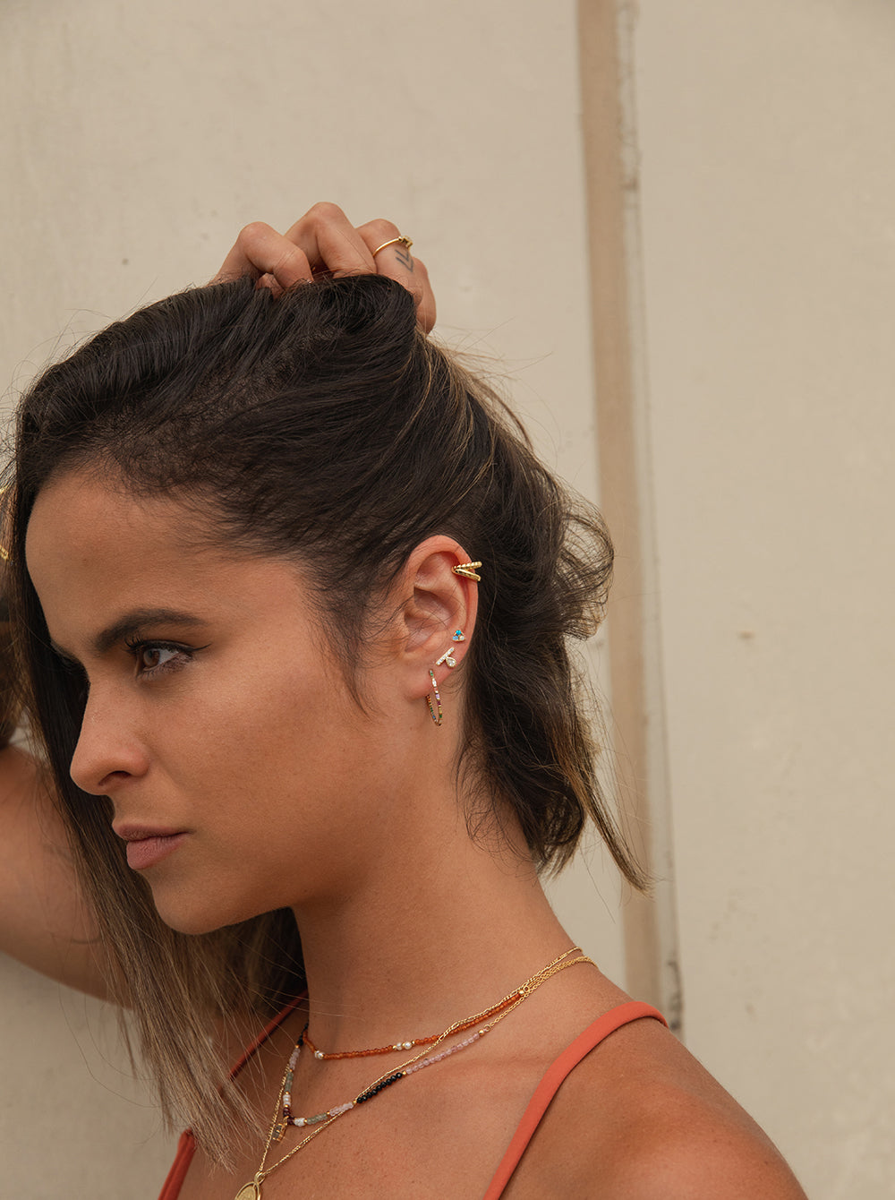 Piercing de plata baño dorado con circonitas estilo trepador-LINEARGENT