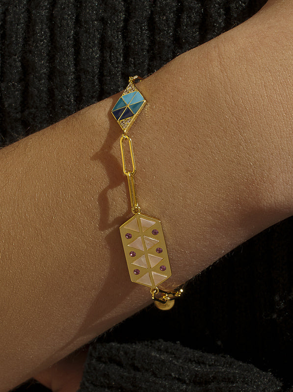 Pulsera eslabones plata bañada en oro diseño esmalte y circonitas-LINEARGENT
