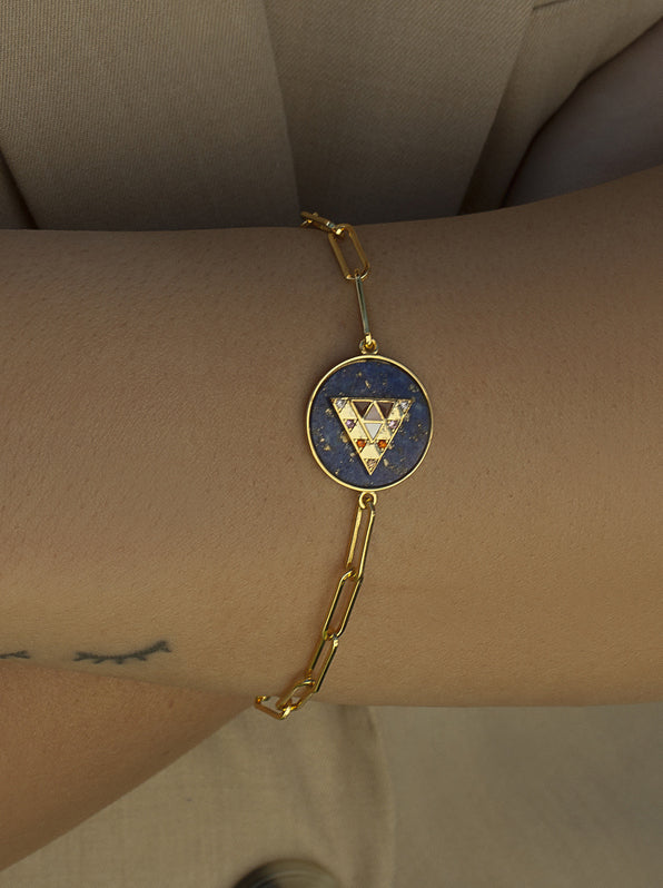 Pulsera eslabones plata diseño paperclip con motivo redondo y piramide central con circonitas-LINEARGENT