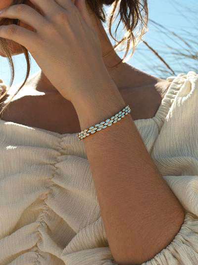 Pulsera esmalte en plata rosa diseño ovalos turquesa