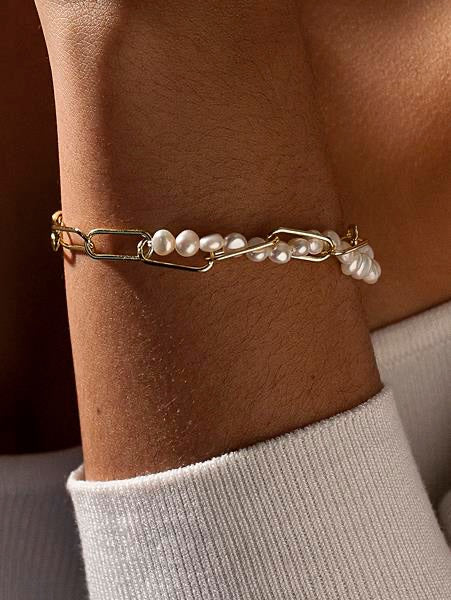 Pulseras con perlas en plata combinada con paper clip-LINEARGENT