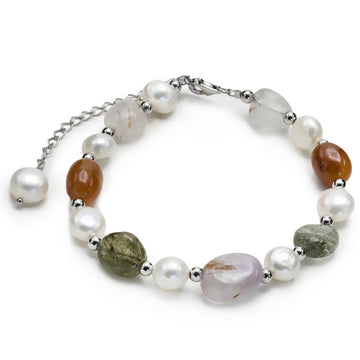Pulseras con piedras de plata aventurina naranja cuarzo rosa rutilado y perlas de agua dulce
