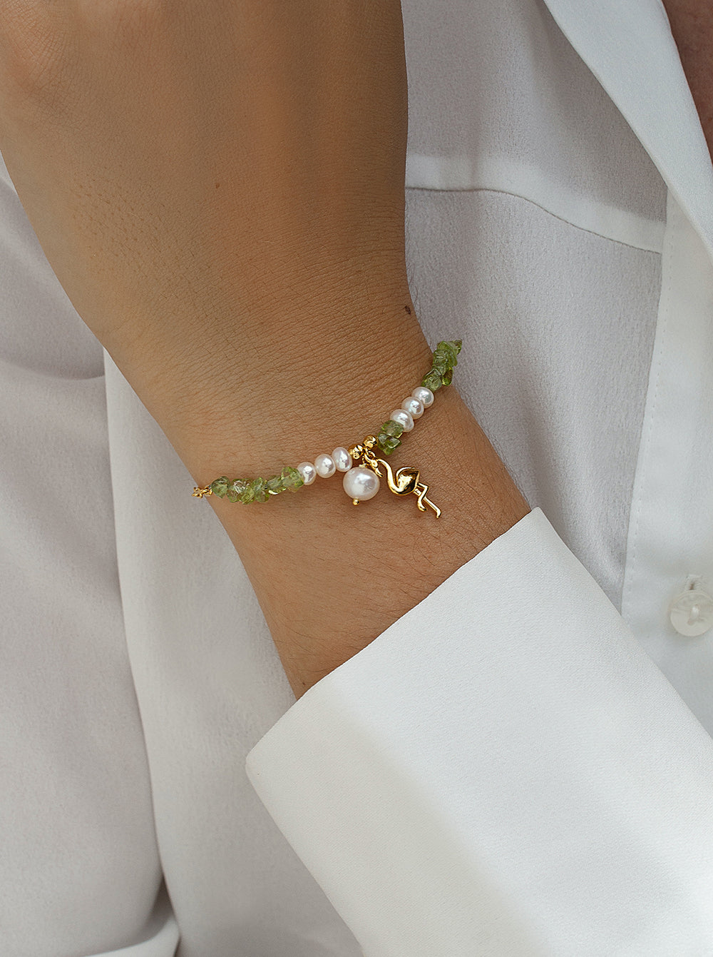 Pulseras con piedras de plata diseño colgante de flamenco y peridot-LINEARGENT