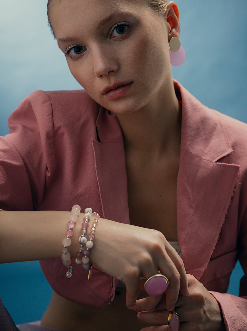 Pulseras con piedras de plata turmalina rosa y perlas de agua dulce