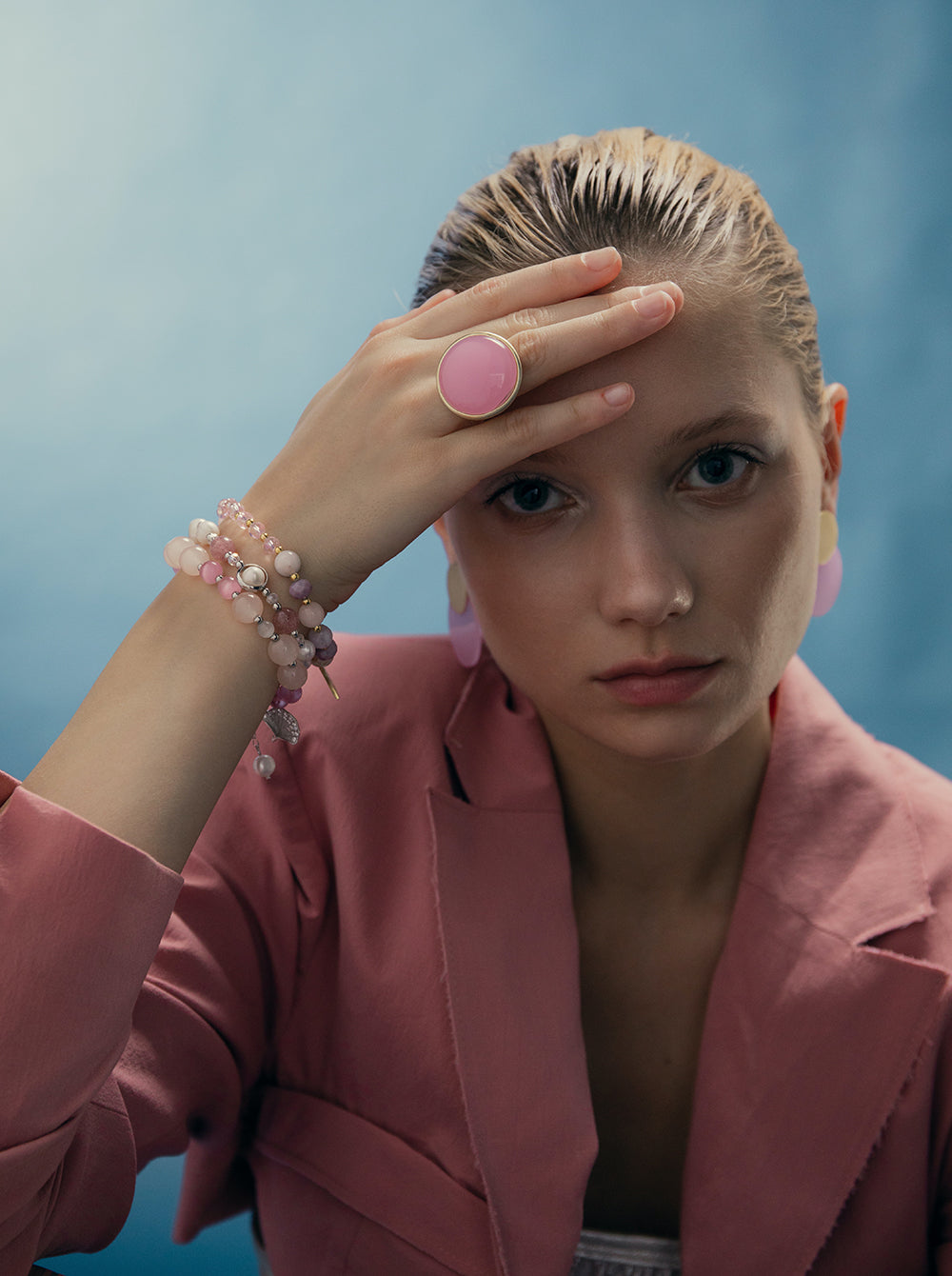 Pulseras con piedras de plata turmalina rosa y perlas de agua dulce