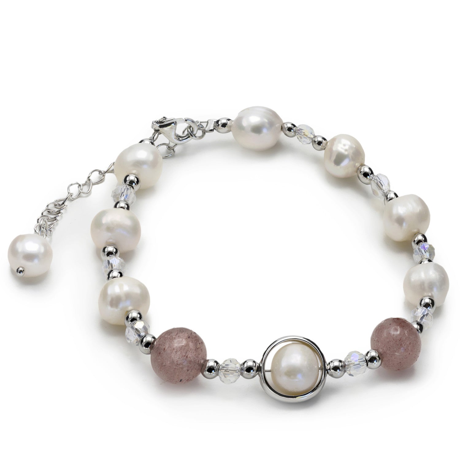Pulseras con piedras de plata turmalina rosa y perlas de agua dulce-LINEARGENT