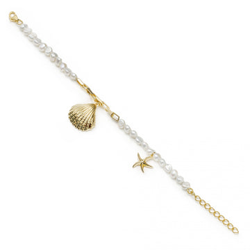 Pulseras de perlas en oro diseño charms de concha y estrella de mar