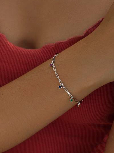 Pulseras finas de plata con circonitas colgantes multicolor estilo cadena-LINEARGENT