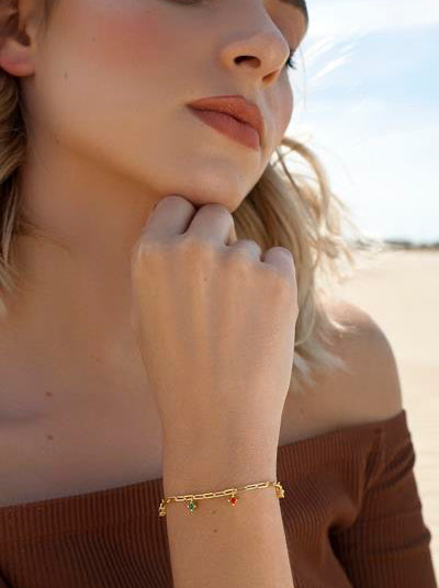 Pulseras finas de plata con circonitas multicolor colgantes estilo cadena dorado