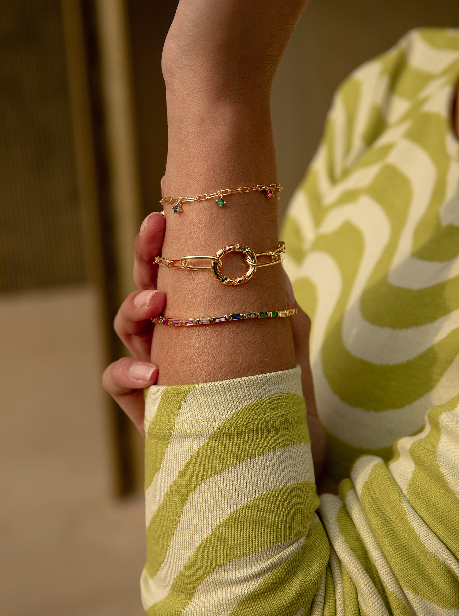 Pulseras finas de plata con circonitas multicolor colgantes estilo cadena dorado