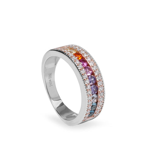 anillo ancho de plata con circonitas multicolor